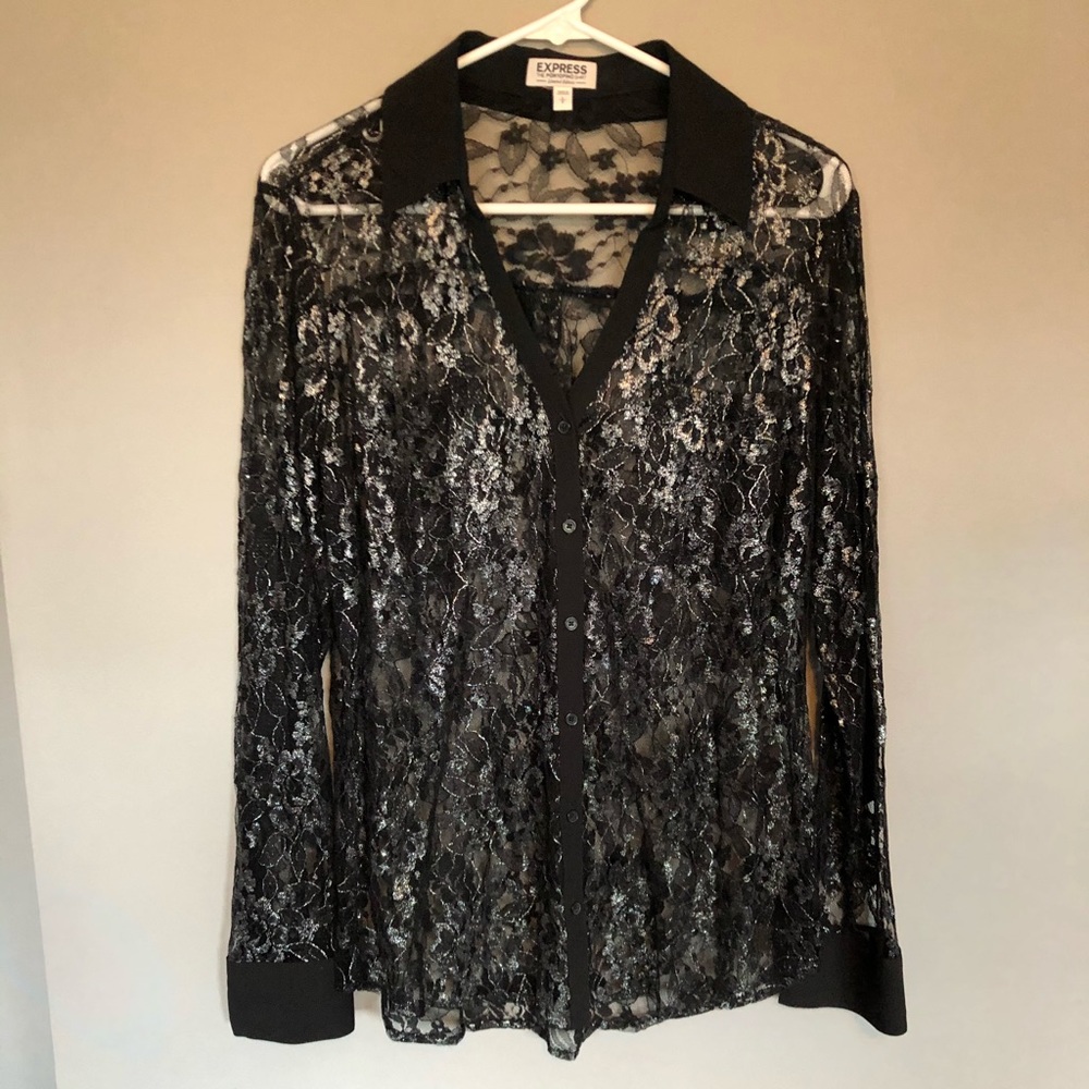 Express black/silver lace portifino blouse, size L